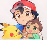  2boys ash_ketchum bangs baseball_cap black_hair blue_jacket blush brown_eyes brown_hair child commentary_request eyebrows_visible_through_hair gen_1_pokemon green_eyes hair_between_eyes hat highres jacket kurage2535 lei_(pokemon) multiple_boys pikachu pokemon pokemon_(anime) pokemon_(creature) pokemon_swsh_(anime) shirt spread_fingers white_background white_shirt 