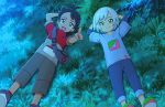  2boys antenna_hair bangs black_hair blue_eyes closed_mouth commentary_request eyelashes from_above goh_(pokemon) grass green_eyes index_finger_raised lying multiple_boys night on_back open_mouth outdoors pants pointing pokemon pokemon_(anime) pokemon_swsh_(anime) shirt shoes short_sleeves silver_hair smile t-shirt tokio_(pokemon) tongue tree tsukimiru upper_teeth 