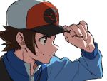  1boy bag baseball_cap blue_jacket brown_eyes brown_hair closed_mouth commentary_request fingernails hand_on_headwear hand_up hat hilbert_(pokemon) jacket long_sleeves pokemon pokemon_(game) pokemon_bw shoulder_bag smile solo spiked_hair sweat turtleneck upper_body yoko.u zipper_pull_tab 