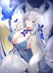  1girl alternate_costume animal_ear_fluff animal_ears azur_lane bangs bare_shoulders blue_butterfly blue_dress blue_neckwear blush breasts butterfly_on_finger cleavage dress feather_boa fox_ears grey_hair hair_ornament large_breasts long_hair looking_at_viewer multiple_tails parted_lips purple_eyes sapota_clone shinano_(azur_lane) sideboob sitting sleeveless sleeveless_dress solo tail very_long_hair wrist_cuffs 