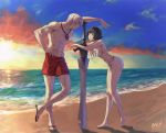  1boy 1girl barefoot beach bikini black_hair breasts cleavage dante_(devil_may_cry) devil_may_cry devil_may_cry_3 heterochromia lady_(devil_may_cry) leaning_forward looking_at_another male_swimwear ocean ozkh6 rebellion_(sword) sandals scar short_hair silver_hair smile sunset swim_trunks swimsuit swimwear sword toned weapon 