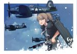  1girl aircraft aircraft_request airplane backpack bag black_shirt blue_eyes brown_hair commentary_request cowboy_shot f4u_corsair flight_deck grey_neckwear grey_skirt gun intrepid_(kantai_collection) kantai_collection m1903_springfield machinery neck_pillow ponytail rifle shirt short_hair skirt timmyyen weapon 