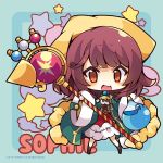  1girl :d atelier_(series) atelier_sophie bangs blue_background blush breasts brown_eyes brown_hair character_name chibi coat eyebrows_visible_through_hair frilled_skirt frills full_body green_coat head_scarf holding holding_staff long_sleeves looking_at_viewer medium_breasts multicolored_hair muuran official_art open_clothes open_coat open_mouth potion red_skirt skirt smile solo sophie_neuenmuller staff standing starry_background two-tone_hair underbust watermark wide_sleeves 