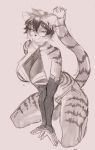  5_fingers anthro arknights breasts clothing cute_fangs eyewear felid female fingers fur glasses hair hi_res kneeling lemonbizate_(artist) looking_at_viewer mammal monochrome pantherine short_hair sketch smile solo tiger video_games waaifu 