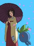  1girl bangs black_hair blue_background erika_(pokemon) from_below gen_1_pokemon grey_eyes hairband holding holding_umbrella japanese_clothes long_sleeves looking_down oddish open_mouth petals poke_ball_symbol pokemon pokemon_(creature) pokemon_(game) pokemon_frlg red_hairband symbol_commentary umbrella wide_sleeves yoko.u 