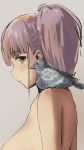  1girl animal_on_shoulder atlanta_(kantai_collection) bangs bird bird_on_shoulder blunt_bangs blush breasts closed_mouth eyebrows_visible_through_hair from_side grey_background highres kantai_collection large_breasts long_hair nude pigeon pink_eyes pink_hair profile pun sakieko simple_background solo twintails upper_body 