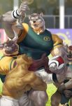 anthro award ball barazoku better_version_at_source bovid bovine canid canine canis cattle clothed clothing domestic_dog grabbing_from_behind group holding_ball holding_object hyaenid male male/male mammal muscular muscular_male raccoon21 rugby sport topless trophy ursid 