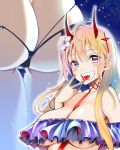  1girl :d ahoge ass azur_lane bangs bare_shoulders between_breasts bikini blonde_hair blue_bikini blue_hair blush bracelet breasts cameltoe candy choker cleavage collarbone commentary_request eyebrows_visible_through_hair fingernails flower food gradient_hair grin hair_flower hair_ornament highres horns jewelry kumano_(azur_lane) large_breasts lollipop long_fingernails long_hair looking_at_viewer mouth_hold multicolored_hair multiple_views nail_polish off_shoulder open_mouth pink_nails purple_eyes red_choker skindentation smile star_(symbol) swimsuit takara_akihito teeth thigh_gap underboob v white_flower 