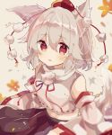 animal_ear_fluff animal_ears autumn_leaves bare_shoulders black_skirt blush commentary detached_sleeves eyebrows_visible_through_hair hat highres inubashiri_momiji leaf maple_leaf mina_(sio0616) open_mouth pom_pom_(clothes) red_eyes ribbon-trimmed_sleeves ribbon_trim shirt short_hair simple_background skirt sleeveless sleeveless_shirt surprised tail tokin_hat touhou upper_body white_hair white_shirt wide_sleeves wolf_ears wolf_tail 