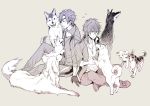  2boys black_gloves closed_eyes dog eyepatch gloves greyscale indian_style jacket kuroemon male_focus monochrome multiple_boys ookurikara shokudaikiri_mitsutada sitting smile touken_ranbu track_jacket 