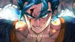  1boy arms_up blood blood_on_face blue_eyes blue_hair dated dragon_ball dragon_ball_z gloves glowing grin male_focus signature sinsin12121 smile solo sparkle super_saiyan super_saiyan_blue twitter_username upper_body vegetto white_gloves 