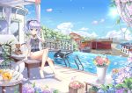  1girl absurdres barefoot basket blue_eyes blue_hair breasts building chair chinese_commentary cloud commentary_request covered_navel cup drink drinking_glass feet flower food fruit hat headwear_removed highres holding holding_hair horizon ice inflatable_orca inflatable_toy knee_up legs lemon long_hair okazakileo one-piece_swimsuit outdoors petals ponytail pool poolside sailor_collar school_swimsuit see-through shirt sigsbee_(warship_girls_r) sitting sky smile solo stuffed_animal stuffed_toy sun_hat swimsuit table teapot teddy_bear thighs toes warship_girls_r water white_headwear 
