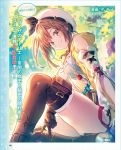  atelier_(series) atelier_ryza beret boots brown_eyes brown_hair clover clover_hair_ornament commentary_request detached_sleeves four-leaf_clover gloves hair_ornament hat official_art outdoors reisalin_stout riichu short_hair short_shorts shorts sidelocks single_glove sitting smile thigh_boots thighhighs translation_request tree 