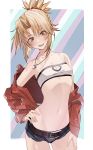  1girl armpits bandeau bare_shoulders belt blonde_hair blue_shorts breasts cowboy_shot denim denim_shorts fangs fate/grand_order fate_(series) green_eyes hand_on_hip hand_on_own_thigh highres jacket jewelry long_hair looking_at_viewer micro_shorts midriff mordred_(fate) mordred_(fate)_(all) navel necklace off_shoulder open_clothes open_jacket open_mouth pokan_(xz1128) red_jacket shorts small_breasts smile solo stomach tied_hair 