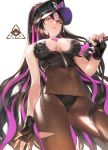  1girl absurdres bangs bare_shoulders bikini black_bikini black_gloves black_hair black_headwear black_legwear blush breasts cleavage covered_navel facial_mark fate/grand_order fate_(series) fingerless_gloves forehead_mark gloves halter_top halterneck hat highres large_breasts long_hair looking_at_viewer multicolored_hair necktie ohland pantyhose parted_bangs parted_lips pink_hair pink_neckwear police_hat ponytail sesshouin_kiara sesshouin_kiara_(swimsuit_mooncancer)_(fate) streaked_hair swimsuit thighs traffic_baton very_long_hair wet yellow_eyes 