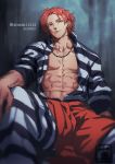  1boy abs against_wall closed_mouth dated luchino_gregoretti lucky_dog_1 male_focus muscle open_clothes open_shirt prison_clothes red_eyes red_hair signature sinsin12121 sitting solo striped striped_clothes twitter_username 
