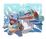  ^_^ blush brown_eyes claws closed_eyes commentary_request fangs gen_1_pokemon gradient gradient_background hand_up highres looking_back open_mouth pokemon pokemon_(creature) squirtle surfboard surfing tail taisa_(lovemokunae) tongue turtle wartortle 