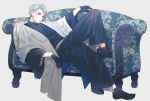  1boy ajinori_kome black_gloves blue_eyes couch gloves haori highres japanese_clothes kimono lying male_focus pillow silver_hair tabi touken_ranbu yamanbagiri_chougi yukata 