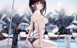  1girl ass atha_(leejuiping) back bangs bare_arms bare_shoulders bikini black_hair blurry blurry_background blush bottle breasts chair commentary_request day depth_of_field highres long_hair looking_at_viewer looking_back lounge_chair medium_breasts original outdoors pool poolside purple_eyes sideboob sitting swimsuit umbrella 
