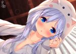  1girl :o animal_ears animal_hood bangs bed_sheet blue_eyes blue_hair blurry blurry_background blush chinomaron commentary_request depth_of_field dutch_angle eyebrows_visible_through_hair fake_animal_ears gochuumon_wa_usagi_desu_ka? hair_between_eyes hair_ornament hand_up heart heart-shaped_pupils hood hood_up hooded_jacket jacket kafuu_chino long_hair long_sleeves looking_at_viewer lying on_side parted_lips reaching_out signature sleeves_past_wrists solo symbol-shaped_pupils tippy_(gochiusa) very_long_hair white_jacket x_hair_ornament 