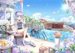  1girl absurdres basket blue_eyes blue_hair breasts building chair chinese_commentary cloud commentary_request covered_navel cup drink drinking_glass flower food fruit hat headwear_removed highres holding holding_hair horizon ice inflatable_orca inflatable_toy knee_up legs lemon long_hair okazakileo one-piece_swimsuit outdoors petals ponytail pool poolside roller_skates sailor_collar school_swimsuit see-through shirt sigsbee_(warship_girls_r) sitting skates sky smile solo stuffed_animal stuffed_toy sun_hat swimsuit table teapot teddy_bear thighs warship_girls_r water white_headwear 