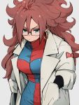  1girl android_21 blue_eyes checkered checkered_dress dragon_ball dragon_ball_fighterz dress earrings glasses grey_background hoop_earrings jewelry kemachiku labcoat long_hair long_sleeves red_hair red_ribbon_army simple_background solo 