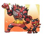  :3 blue_eyes claw_pose commentary_request gen_7_pokemon hands_up highres incineroar legs_apart litten no_humans one_eye_closed open_mouth pokemon pokemon_(creature) shaking standing tail taisa_(lovemokunae) teeth tongue wrestling_mask yellow_sclera 