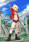  1girl abs absurdres bangs belt blonde_hair boots braid breasts building cloud eyebrows_visible_through_hair fate/grand_order fate_(series) grass green_eyes hakohako-does highres jacket jewelry looking_at_viewer mordred_(fate) mordred_(fate)_(all) navel necklace ponytail red_scrunchie scrunchie shorts small_breasts smile solo stairs sword weapon 