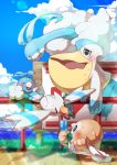  absurdres altaria beak bird blush cloud commentary_request day eye_contact fence food gen_3_pokemon gen_7_pokemon highres holding hot lens_flare looking_at_another open_mouth outdoors owl pelipper pokemon pokemon_(creature) popsicle rowlet sky swablu sweat taisa_(lovemokunae) water wingull 