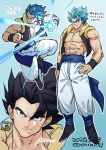  1boy abs baggy_pants black_hair blue_background blue_hair closed_mouth dated dragon_ball dragon_ball_super dragon_ball_super_broly energy_ball gogeta hand_on_hip male_focus metamoran_vest multiple_views muscle pants simple_background sinsin12121 spiked_hair super_saiyan super_saiyan_blue translation_request twitter_username veins waistcoat wristband 