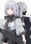  2girls absurdres ak-15_(girls_frontline) blush braid breasts eyebrows_visible_through_hair girls_frontline highres holding holding_weapon huge_filesize long_hair looking_at_viewer mask medium_breasts medium_hair multiple_girls open_mouth purple_eyes rpk-16 rpk-16_(girls_frontline) silver_hair smile umber00 uniform weapon white_background 
