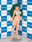  1girl blue_eyes bra breasts green_hair highres horns large_breasts looking_to_the_side lum midriff moechiki navel panties solo standing underwear underwear_only urusei_yatsura white_bra white_panties 