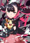  1girl absurdres asymmetrical_bangs bangs black_choker black_hair black_jacket blush choker commentary_request crossed_arms dress earrings eyelashes floating_hair gen_8_pokemon green_eyes hair_ribbon highres holding holding_pokemon jacket jewelry long_hair long_sleeves looking_at_viewer marnie_(pokemon) morpeko morpeko_(full) parted_lips pink_dress pokemon pokemon_(creature) pokemon_(game) pokemon_swsh red_ribbon ribbon taisa_(lovemokunae) teeth twintails 