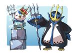 bird blue_eyes blush claws closed_eyes commentary_request crown empoleon gen_4_pokemon hand_on_hip hand_up highres holding ice_block open_mouth penguin piplup pokemon pokemon_(creature) polearm sparkle standing sweatdrop taisa_(lovemokunae) tongue trident weapon 