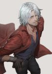  1boy bangs black_gloves black_pants blue_eyes blue_shirt coat collarbone cowboy_shot dante_(devil_may_cry) devil_may_cry devil_may_cry_5 english_commentary facial_hair fingerless_gloves fulushouxijixiangcha gloves grey_background hair_between_eyes hair_over_one_eye hand_on_hip long_coat looking_at_viewer male_focus one_eye_closed pants parted_bangs partially_unbuttoned pectorals red_coat shirt silver_hair simple_background sleeve_rolled_up smile solo standing stubble 