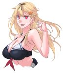  1girl adapted_costume bikini black_bikini black_ribbon blonde_hair breasts cleavage commentary_request cropped_torso dated hair_flaps hair_ornament hair_ribbon hairclip highres kantai_collection large_breasts long_hair looking_at_viewer red_eyes remodel_(kantai_collection) ribbon scarf simple_background solo sozan swimsuit twitter_username upper_body white_background white_scarf yuudachi_(kantai_collection) 
