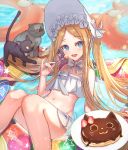  1girl abigail_williams_(fate/grand_order) abigail_williams_(swimsuit_foreigner)_(fate) absurdres bangs bare_shoulders bikini blonde_hair blue_eyes bonnet bow braid breasts dolce_(dolsuke) fate/grand_order fate_(series) forehead hair_bow hair_rings highres huge_filesize long_hair miniskirt navel parted_bangs sidelocks skirt small_breasts swimsuit twin_braids twintails very_long_hair white_bikini white_bow white_headwear 