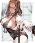  1girl absurdres bare_shoulders black_dress blush bracer breasts brown_hair cleavage closed_mouth collarbone dress dsr-50_(girls_frontline) earrings eyebrows_visible_through_hair girls_frontline gloves highres holding_hands jewelry kyoyakyo large_breasts long_hair looking_at_viewer red_eyes ring simple_background standing thighs white_gloves 