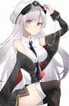  1girl :o adjusting_clothes adjusting_headwear azur_lane bangs bare_shoulders black_neckwear breasts coat crossed_legs enterprise_(azur_lane) eyebrows_visible_through_hair food grey_hair hat highres large_breasts long_hair looking_at_viewer necktie off_shoulder peaked_cap purple_eyes sakura_mochi shirt silver_hair simple_background sitting skirt sleeveless sleeveless_shirt solo thighhighs very_long_hair wagashi white_background white_hair 