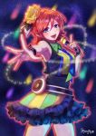  1girl blue_eyes flower hair_flower hair_ornament highres holding holding_microphone idol kaname_buccaneer looking_at_viewer macross macross_delta microphone music open_hand red_hair shiroro_yuki short_hair singing solo 