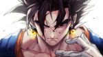  1boy black_eyes black_hair blood blood_on_face closed_mouth dated dragon_ball dragon_ball_z earrings gloves glowing hair_over_one_eye injury jewelry male_focus signature sinsin12121 solo spiked_hair twitter_username upper_body vegetto white_gloves 