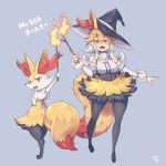  1girl animal_ear_fluff animal_ears bangs bare_shoulders black_footwear black_headwear black_legwear blonde_hair blush braixen breasts commentary_request detached_sleeves eyebrows_visible_through_hair fang fire flame fur fur_trim gen_6_pokemon hair_between_eyes hat highres holding holding_stick kuromiya multicolored_hair open_mouth orange_eyes pantyhose personification pokedex_number pokemon pokemon_(creature) shiny shiny_hair shoes sidelocks stick tail tongue two-tone_hair white_hair witch_hat 