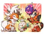  arm_up bird blush closed_eyes closed_mouth commentary_request gen_7_pokemon happy highres lycanroc lycanroc_(dusk) medal meltan mythical_pokemon open_mouth owl poipole pokemon pokemon_(creature) rowlet smile taisa_(lovemokunae) tongue torracat ultra_beast 