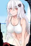  1girl beach blue_sky blush breasts cleavage closed_mouth collarbone eyebrows_visible_through_hair girls_frontline hair_ribbon highres holding_hands iws-2000_(girls_frontline) long_hair looking_at_viewer medium_breasts navel ocean red_eyes ribbon silver_hair sky solo swimsuit umber00 white_background white_swimsuit 