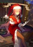  1girl absurdres bangs bow bowtie braid breasts dress eyebrows_visible_through_hair fate/grand_order fate_(series) florence_nightingale_(fate/grand_order) florence_nightingale_santa_(fate/grand_order) fur_trim hat highres holding jacket large_breasts long_hair looking_at_viewer pantyhose pink_hair red_eyes red_headwear red_jacket santa_costume santa_hat solo taro-k thighhighs 