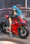 1girl bare_legs bikini black_gloves black_jacket blue_eyes blue_hair breasts cleavage clothes_writing ducati emori_miku emori_miku_project gloves ground_vehicle hair_ornament halterneck highres jacket large_breasts long_hair long_sleeves looking_at_viewer motor_vehicle motorcycle nihoshi_(bipedal_s) no_pants open_clothes open_jacket outdoors road shoes sign smile sneakers solo string_bikini striped striped_bikini swimsuit thighs traffic_light white_footwear 