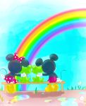  2020 amphibian bow clothing cloud day disney female feral flower footwear frog gloves grass handwear hi_res high_heels kurokuma824 male mammal mickey_mouse minnie_mouse mouse murid murine plant rainbow rodent semi-anthro shoes sitting sky 