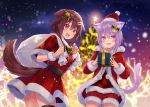  2girls :3 ahoge animal_ear_fluff animal_ears bangs bell belt black_belt blurry blurry_background blush bone_hair_ornament bow box brown_eyes brown_hair capelet cartoon_bone cat_ears cat_girl cat_tail christmas christmas_lights christmas_tree commentary cowboy_shot dog_ears dog_tail dot_nose dutch_angle eyebrows_visible_through_hair fang fangs fukahire_(ruinon) fur-trimmed_headwear fur_trim gift gift_bag gift_box green_bow hair_bell hair_between_eyes hair_ornament hairclip hat holding holding_gift hololive inugami_korone long_hair looking_at_viewer looking_back low_twin_braids multiple_girls nail_polish nekomata_okayu night o-ring_belt open_mouth outdoors over_shoulder plaid_capelet pom_pom_(clothes) purple_eyes purple_hair red_capelet santa_costume santa_dress santa_hat short_hair shorts snow sparkling_eyes star_(symbol) star_hair_ornament tail thighhighs virtual_youtuber yellow_nails 
