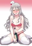  1girl bangs bare_arms bare_shoulders bikini blush bottle breasts brown_eyes collarbone drooling drunk eyebrows_visible_through_hair gradient gradient_background grey_hair hat highres kantai_collection kumadano large_breasts long_hair looking_at_viewer mini_hat navel open_mouth pola_(kantai_collection) simple_background sitting smile solo swimsuit thighhighs tilted_headwear wariza wavy_hair white_legwear wine_bottle 