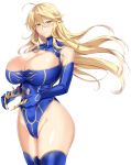  1girl ahoge artoria_pendragon_(all) artoria_pendragon_(lancer) bangs bare_shoulders blonde_hair blue_gloves blue_legwear blue_leotard blush breasts cleavage closed_mouth commentary_request crown crown_removed curvy elbow_gloves fate/grand_order fate_(series) gloves green_eyes hair_between_eyes hair_down highleg highleg_leotard huge_breasts kumakichi_(cost-lost) leotard long_hair looking_at_viewer sidelocks simple_background smile solo swept_bangs thick_thighs thighhighs thighs white_background wide_hips 